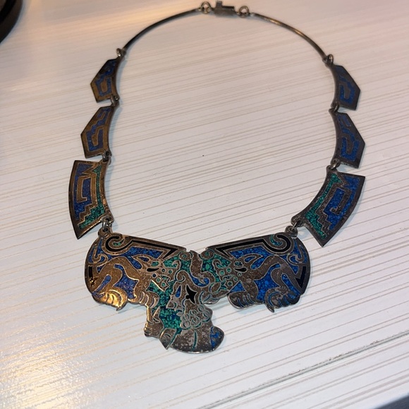 MEXICANA Jewelry - Vintage Mexico Alpaca BIb Necklace Choker Silver With Turquoise Inlay EUC